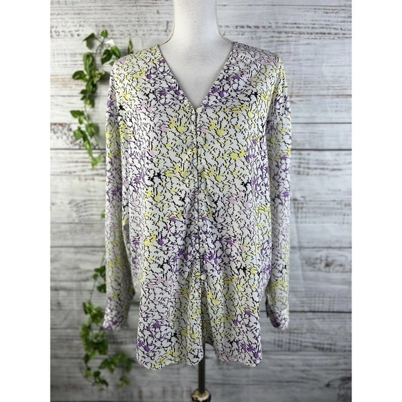 Liz Claiborne Blouse Tunic size Large Purple Yellow Floral Modest Career Slim - Picture 1 of 12